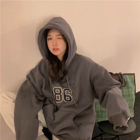 KORELAN 겨울 루즈핏 알파벳 프린트 후드 기모 후드 여성 후드 보온 후드