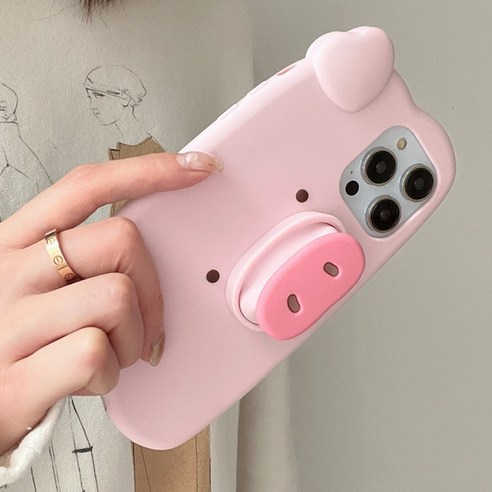 아이폰 케이스 귀여운 돼지 캐릭터 디자인 돼지코 손잡이 스탠드 거치대 커플 우정 휴대폰 케이스