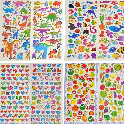 다양한 종류의 입체스티커: 동물, 공룡, 자동차, 비행기, 곤충, 과일, 채소, 베이커리, 꾸미기 장식 만들기 재료 및 학습 준비물 과일스티커