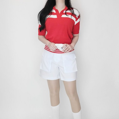 티앤드골프 여성 여름 골프 티셔츠 스트라이프 브이 카라 쿨링 골프웨어 테니스