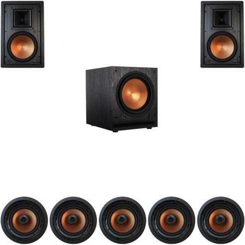 5개의 CDT-5800C II 2개의 R-5800W 1개의 SPL-120을 갖춘 Klipsch 7.1 인월 시스템, 5개의 CDT-5800C II 2개의 R-5800W 1