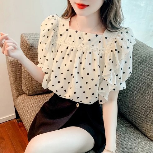 자칠 여성 스퀘어넥 도트 반팔 블라우스 여름 스위트 퍼프소매 탑 상의