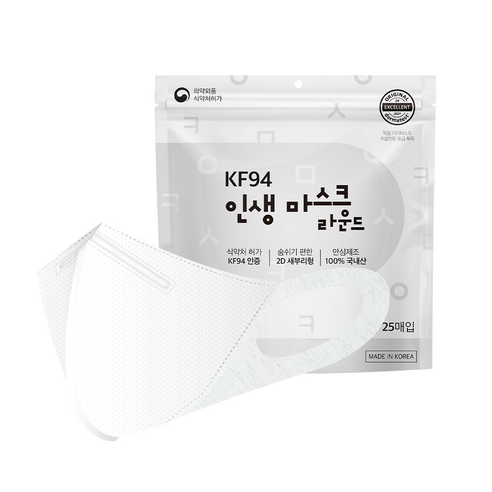 인생라운드 KF94 귀편한 마스크 컬러, 100매, 화이트, 중형(M)