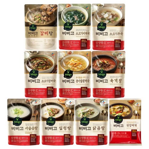 (꾸리미)비비고 국 탕 찌개 10종세트 (순댓국+차돌된장찌개+돼지고기김치찌개+추어탕+설렁탕+소고기미역국+소고기무국+육개장+갈비탕+사골곰탕), 10개, 500g