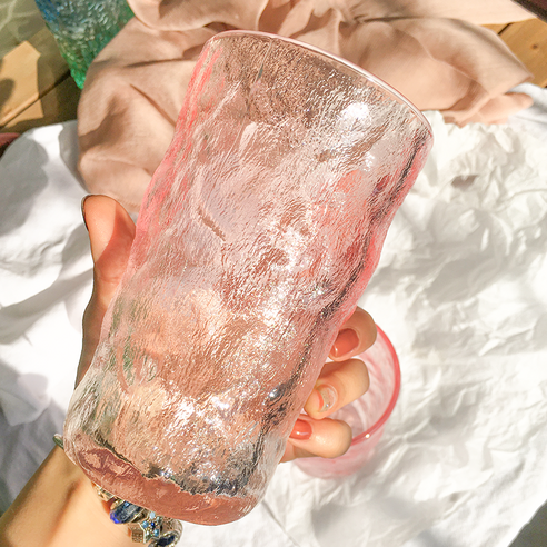 DFMEI 새로운 빙하 패턴 유리 컵 핑크 높은 가치 나무 껍질 패턴 컵 물 컵 주스 컵 커피 컵, DFMEI 그라디언트 핑크 [높은]