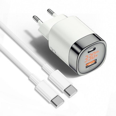 Essager GaN 33W 고출력 USB-PD PPS C타입 초고속 충전 어댑터 + C to C 100W 초고속 충전 케이블, 화이트+1M 세트