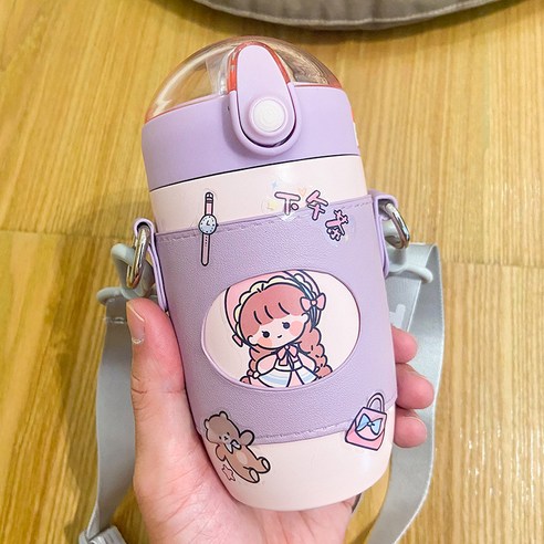 귀엽다 만화 316 스테인리스강 보온컵 휴대용 컵 커버 멜빵 여학생 컵, 자주색, 300ML