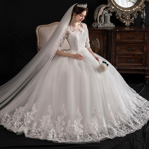 [웨딩나우ㅣ강추] 우아함과 고귀함이 깃든 FANSYLI 일자 어깨 레이스 웨딩드레스 [WeddingNOWㅣ인기상품]