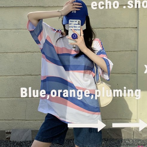 불규칙한 색상 대비 스트라이프 반팔 티셔츠 여성 여름 느슨한 반팔 탑