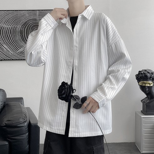 긴팔 스트라이프 셔츠 남춘추일 오버핏 캐주얼 셔츠한화 패션 핏 건달 코트