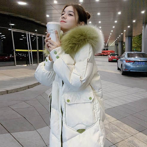 Mao대비 컬러 대형 모피 칼라 코튼 패딩 자켓 겨울 새로운 한국어 스타일 중간 길이 두꺼운 따뜻한 자켓