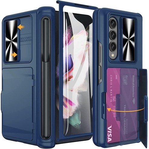 Vihibii 갤럭시 Z 폴드 3 케이스 카드 홀더 및 S 펜 홀더 및 힌지 프로액션 내장 슬라이딩 카메라 커버 및 액정보호필름 삼성 갤럭시 Z 폴드 3 5G 2021용 다기