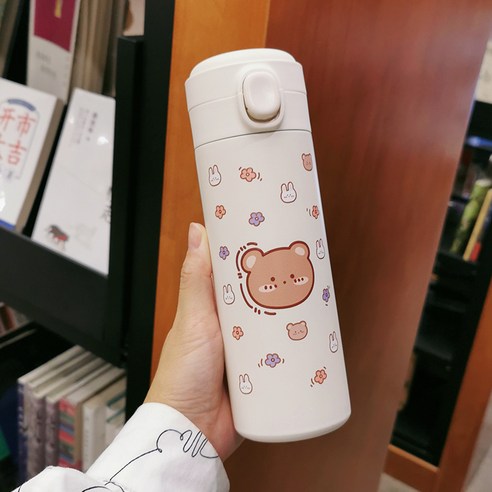 smy보온병 컵 여성 학생 심플한 찾고 휴대용 한국어 휴대용 귀여운 인터넷 연예인 Ins 스테인레스 스틸 컵, 전체 헤드/450 ml, 하나