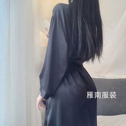 DFMEI-Y 여성 잠옷 가을 새로운 얼음 실크 목욕 가운 여름 잠옷 새로운 중간 길이 실크 드레스, S 75-95 Jin, DFMEI 8409 긴팔 블랙