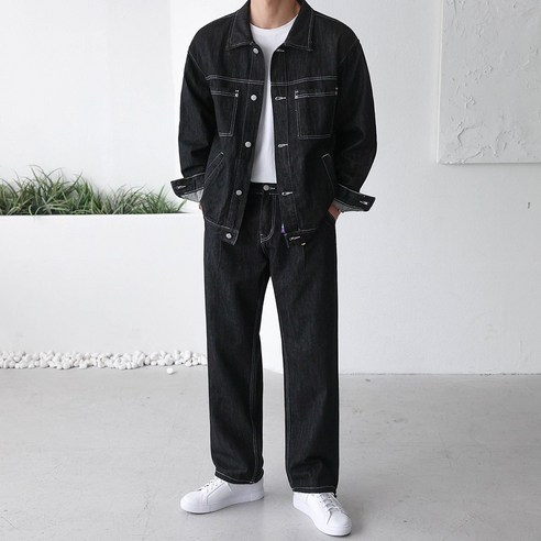 [SET]논페이드 이염없는 생지 데님 자켓+와이드 데님(2color)