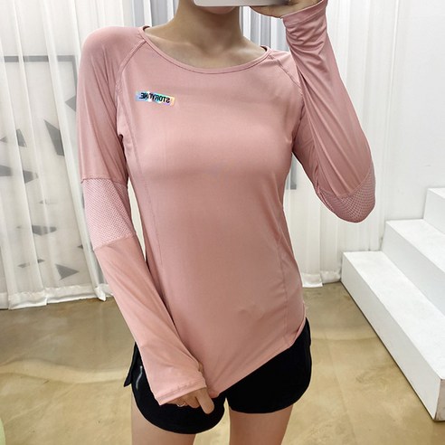 스토리원 여성 라운드 메쉬 긴팔 티셔츠 필라테스복 요가복 RKFT-LT10