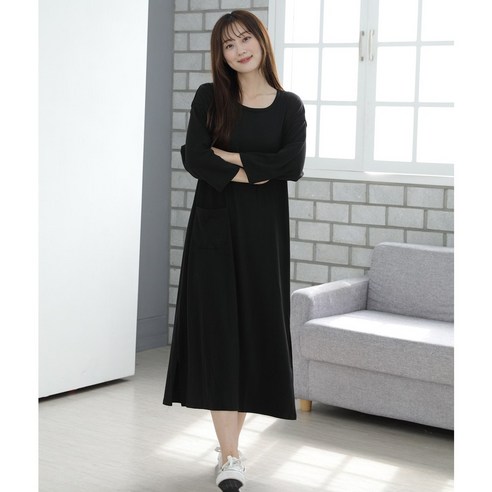 이지스토리 편안한 면 옆선 절개 롱 원피스