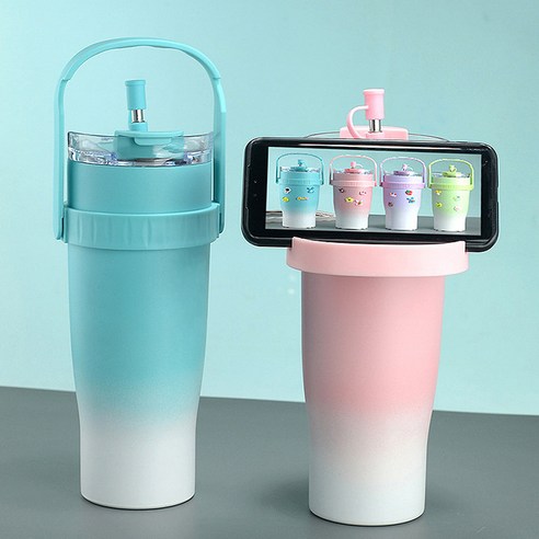 1.2L그러데이션 컬러 진공 스텐 냉온 텀블러 휴대용얼음컵 커피잔 자동차컵40oz+3D 입체 스티커, 그러데이션블루, 1200ml, 5개