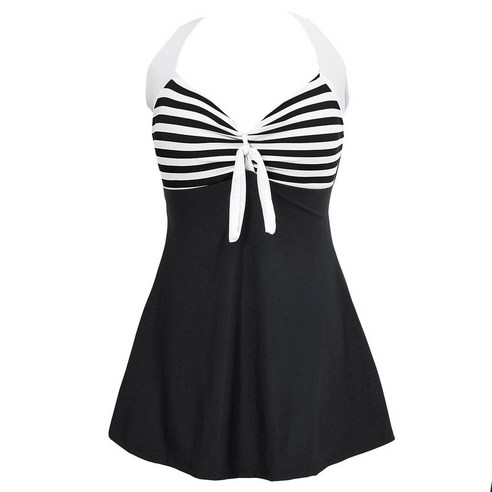 여성 원피스 스커트 복서 수영복 플러스 패션 수영복 검은 흰색 줄무늬 XL, 하나, 보여진 바와 같이
