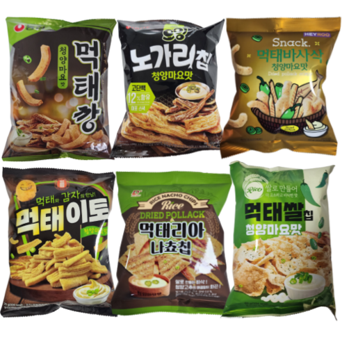 [먹태+청양마요 총집합2] 먹태깡1개+노가리칩1개+먹태바사삭1개+먹태이토1개+먹태리아나쵸칩1개+먹태쌀칩1개, 1세트, 370g