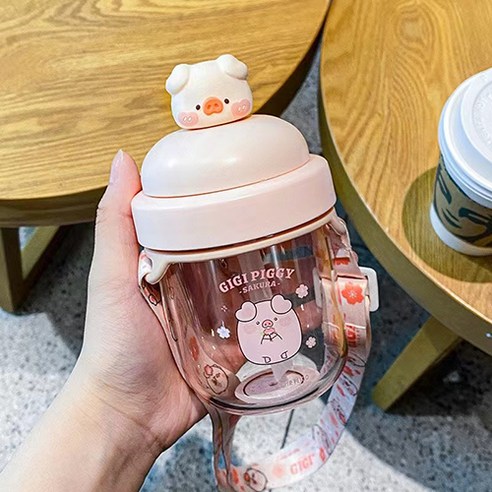 CAICHEN 돼지 컵 고온 저항하는 휴대용물통, 사쿠라 돼지 주전자, 330ml