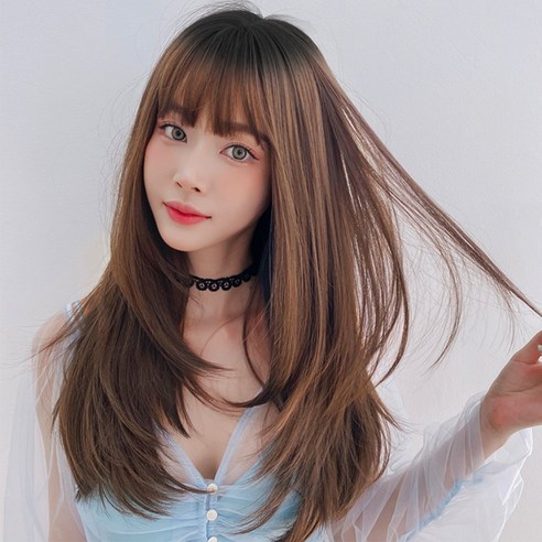 하이유니 레이어드 C컬 펌 롱 헤어 통가발 가발 65cm + 가발망 + 거치대 세트, 라이트브라운