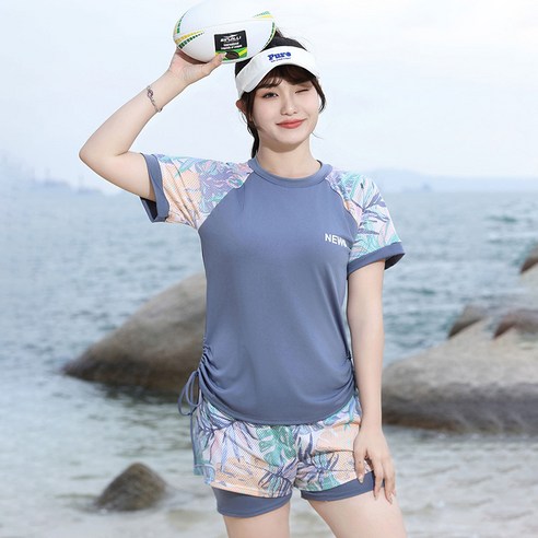 탑트레일 여성 빅사이즈 반팔 수영복 투피스 수영복 체형커버수영복, 블루