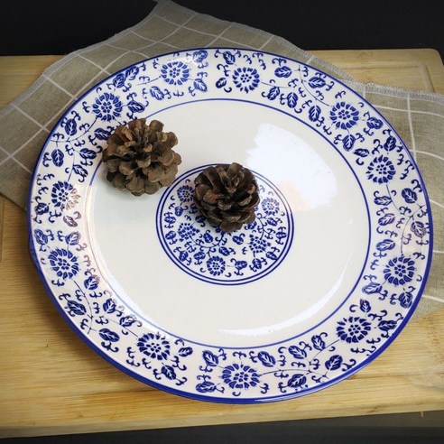 접시 도자기 대량 도매 청화 얕은 움집 흰색 원반 가정용 중국식 창의 바비큐 샤브샤브 생선찜 쟁반, 푸른 꽃 쟁반 8인치 1개