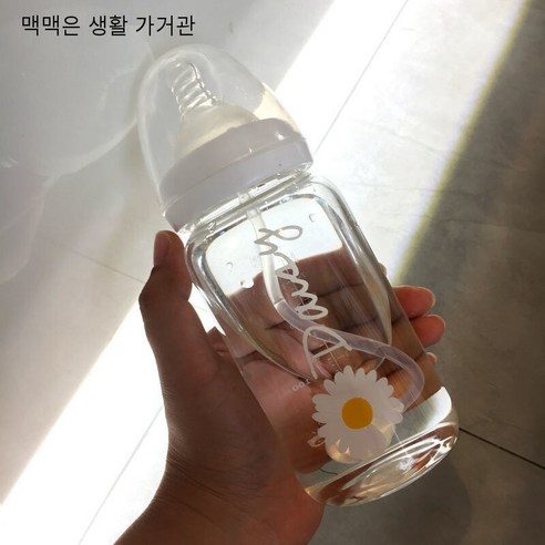 한국어 스타일 귀여운 컵 졸업 짚 성인 크리 에이 티브 유리 컵 여학생 젖꼭지 컵 휴대용 컵, 330ml영어꽃스케일240_단일병+밀짚중력볼+예비젖꼭지