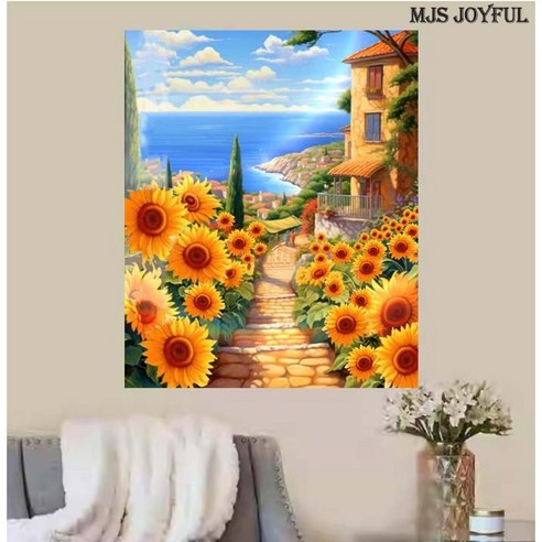 엠제이에스 명화그리기 50x40cm (캔버스형) DIY 유화 세트, KK25 - 해안가 마을 풍선기구