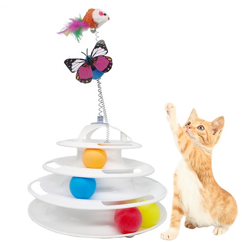 슈슈펫 4단 원반 디스크볼 고양이 장난감, 화이트 방울쥐 흔들나비, 2개