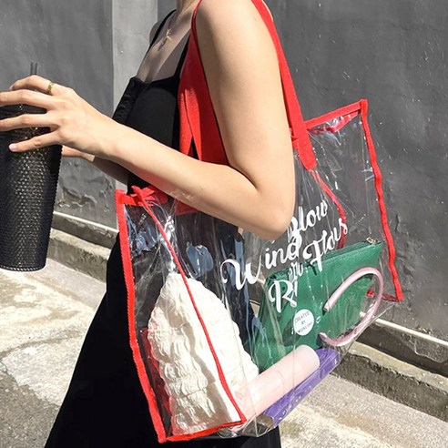 하루연구소 대형 투명 비치백 물놀이 바캉스 가방, 레드