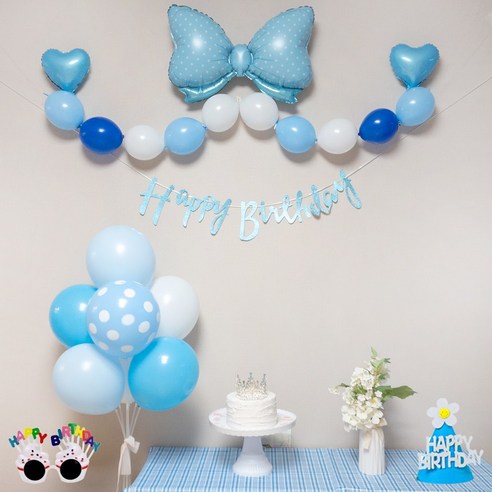 연지마켓 생일풍선 생일파티용품 리본풍선 세트, 블루 기본 세트