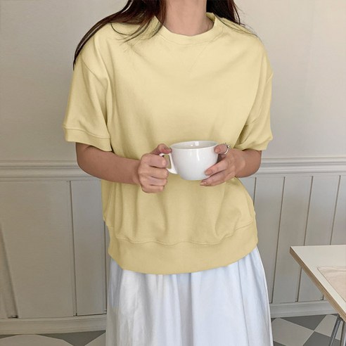 마이쏭 슬로우삼각베이직반팔맨투맨 여성용 빅사이즈 오버핏 롱티 반팔 데일리룩 박스티 루즈핏 맨투맨 라운드 삼각 베이직 반팔맨투맨