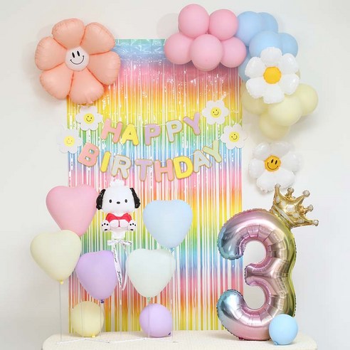 [피앤비유니티]스마일데이지 풍선스탠드 생일장식커튼세트 펌프포함, 1세트, 31-3)포차코 마카롱커튼세트 3