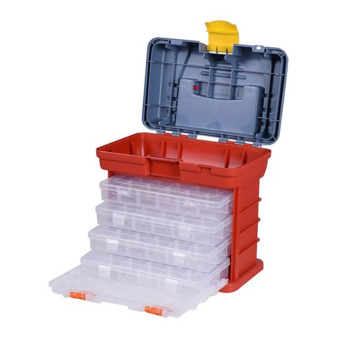 도구 상자 4 레이어 구성 유틸리티 야외 낚시를위한 조정 가능한 키트 보관 캐비닛, 빨간색, 플라스틱