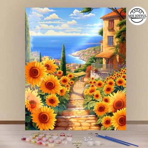 엠제이에스 명화그리기 50x40cm (캔버스형) DIY 유화 세트, KK25 - 해안가 마을 풍선기구