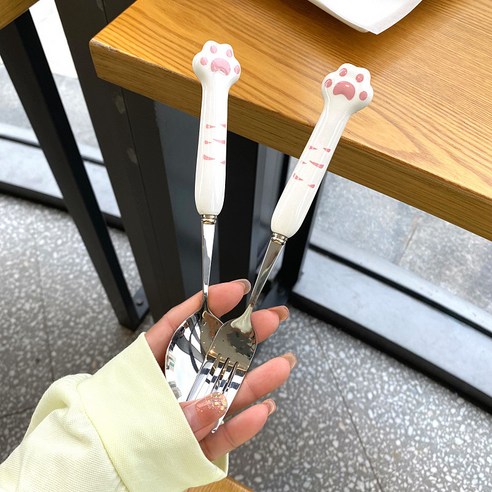 DFMEI 고양이 발톱 젓가락 포크 숟가락 식기 세트 304 스테인레스 스틸 먹는 여성 휴대용 식기, 하나, 색깔6