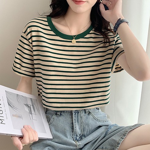 데일로엔 여성 라운드넥 줄무늬 반팔티셔츠: 세련되고 편안한 여름 패션