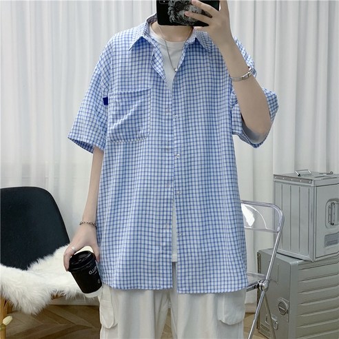 DFMEI 홍콩 스타일작은 격자 무늬 셔츠 남자 짧은 소매 한국어 스타일 유행 반팔 셔츠 여름 얇은 캐주얼 셔츠