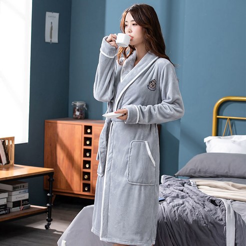 DFMEI-Y 플란넬 잠옷 여성의 가을과 겨울 새로운 잠옷 여성의 산호 양털 길어진 목욕 가운 하이 엔드 홈 옷 착용 가능, DFMEI 실버 그레이 레이스 여성, M (80-100 진)