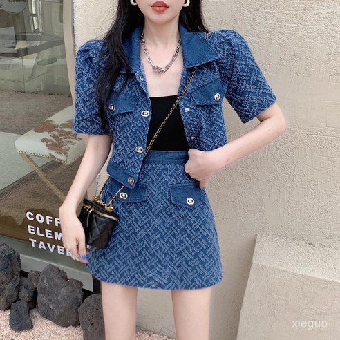 위위브렌 여성 정장 반팔자켓 짧은치마 세트, 다크블루