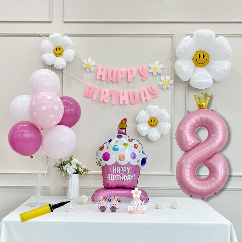 연지마켓 생일 파티 케이크 데이지 왕관 숫자 풍선 가랜드 세트, 1세트, 케이크 핑크A 8