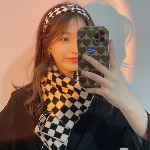 아 곰 개 인터넷 빨간 바둑판 격자 목도리 여자 가을 겨울 흑백 격자 니트 롱 매치 보온 목도리