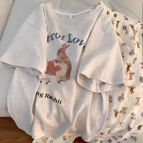 달콤한 휴식을 선사하는 사랑스러운 잠옷 세트: 유니온 여성 귀욤귀욤 반팔 긴바지 잠옷브랜드