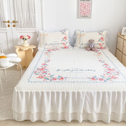 3 개의 여름 아이스 실크 매트 홈 에어컨 매트 침대 스커트 세트, 1.5*2.0 m 침대 라텍스 매트 세트, 동화 꽃 바다