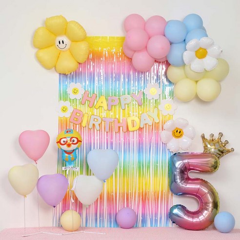 [피앤비유니티]스마일데이지 풍선스탠드 생일장식커튼세트 펌프포함, 1세트, 25-5)뽀로로 마카롱커튼세트5