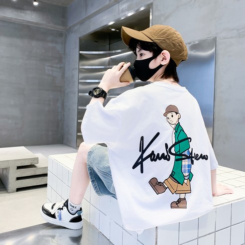 비비키드 주니어 상의 하의 세트 남아 여름 세트 초중생 모자쓴 남자 캐릭터 반팔티 데님 반바지 초등생 상하세트 (8211)