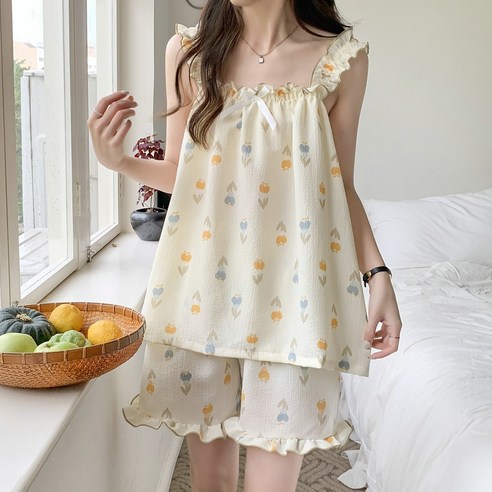 로리돌스 박스핏 반팔 여성 잠옷. 플라워 여름 홈웨어 파자마세트