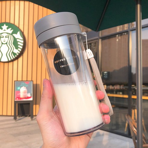 유행 이중 보온 필터 플라스틱 컵 야외 휴대용 운동 차 컵 사무실 꽃 차 컵, 480ML 회색, 360ML/480ML